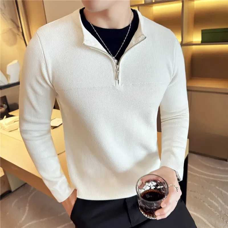 2024 Autumn Winter Fake 2 Piece Sweater Fashion Half Zipper Splice Long Sleeved Slim Fit Warm Sweaters Men Knitted PulloverZ250918