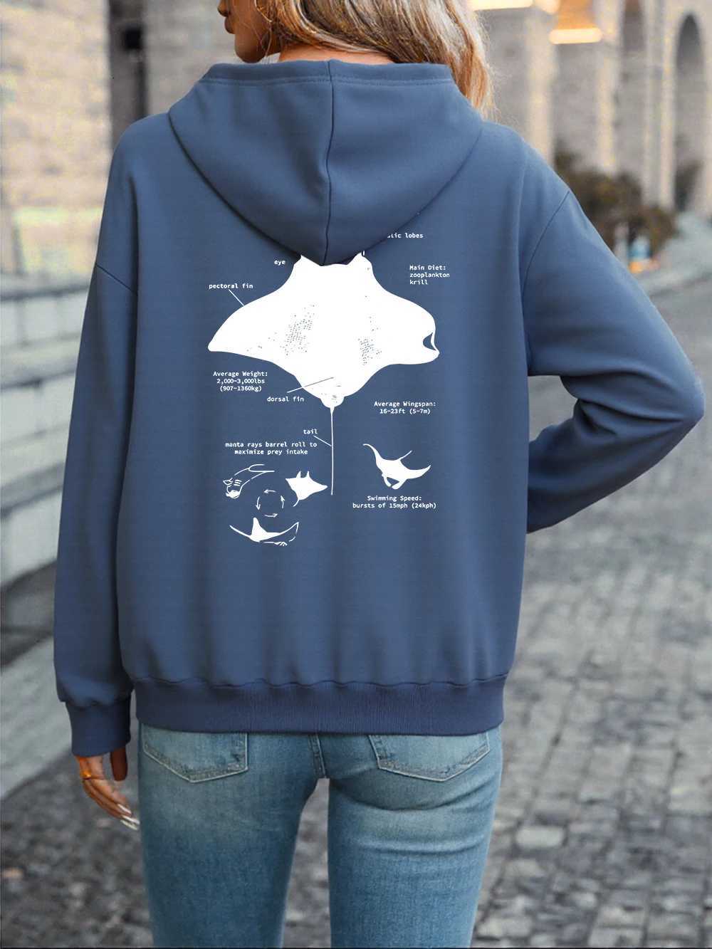 Oceanic Manta Ray Printing Hoodies Women Basics Pocket Sweatshirt Winter Fleece Warm Pullover Comfortable Loose Womans ClothesZ250918