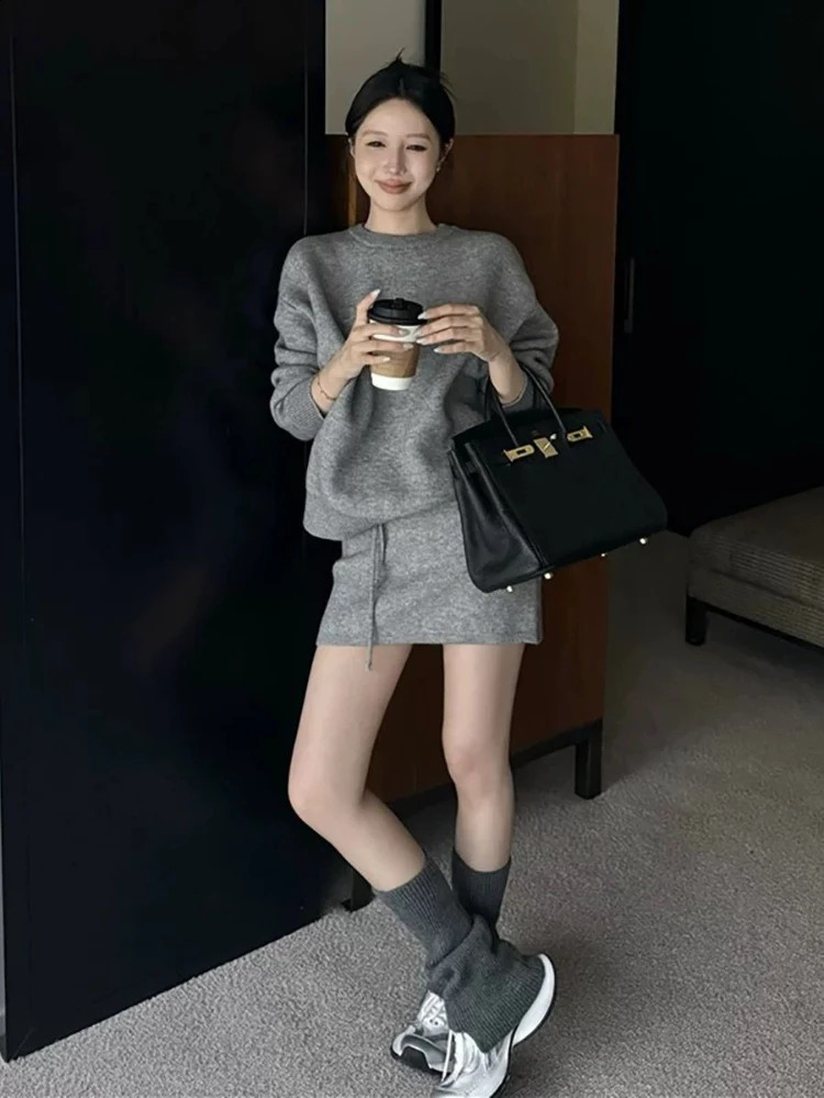 Autumn Winter Lazy Style Loose Long Sleeve Pullover Knitted Sweater Sweatshirt Half Skirt Bodycon Short Skirt Set for Women 250918
