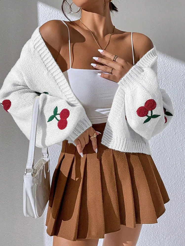 Fashionable low shoulder cherry embroidery pattern cardigan sweater womens loose jacket knitted sweater 250918
