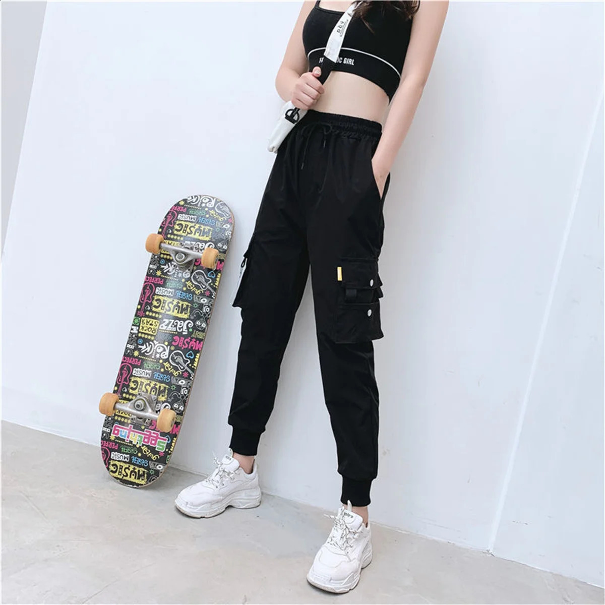 Black Cargo Pant Casual Joggers High Waist Loose Female Hip Hop Trousers Korean Punk Funny Streetwear Femme 250917