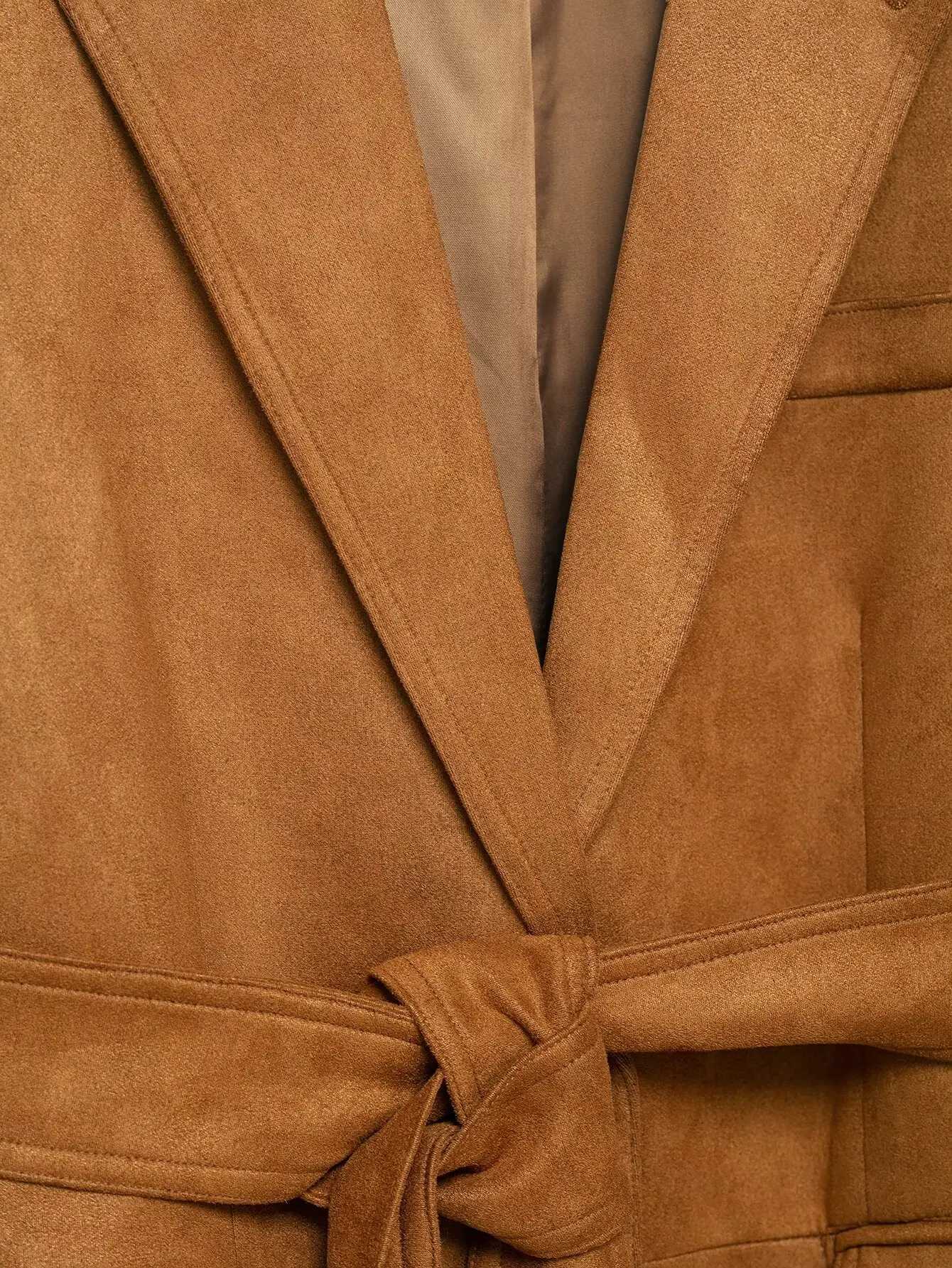 2025 Autumn Faux Suede Vintage Jacket Coats For Women Khaki Casual Lace Up Long Sleeve Cardigan Coat Fashion Commuter Jackets Z250918