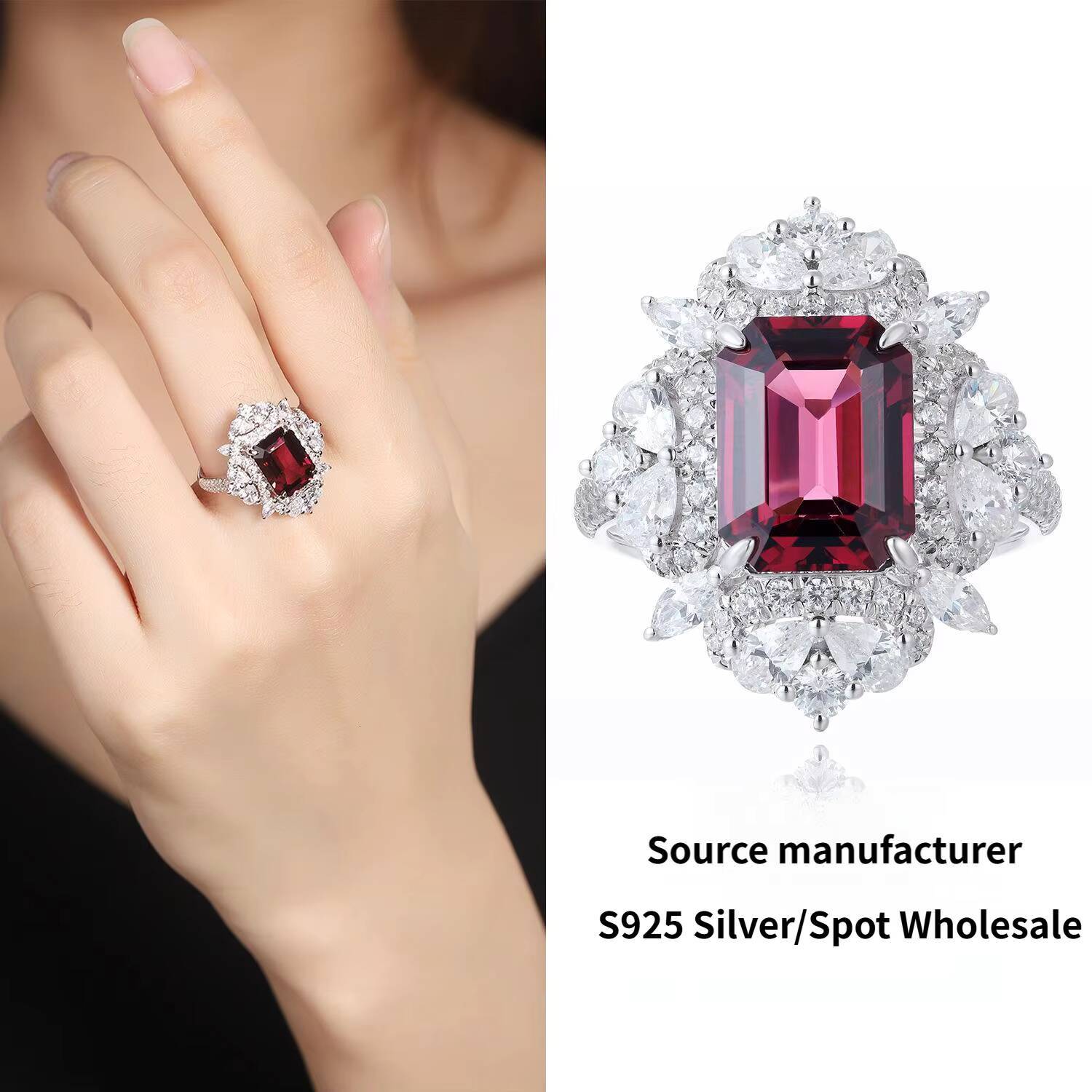 Luxury Natural Garnetcultivated Emerald S925 Silver Womens Ring Rectangular Cutting Art Elegant Classic Womens Business Ring