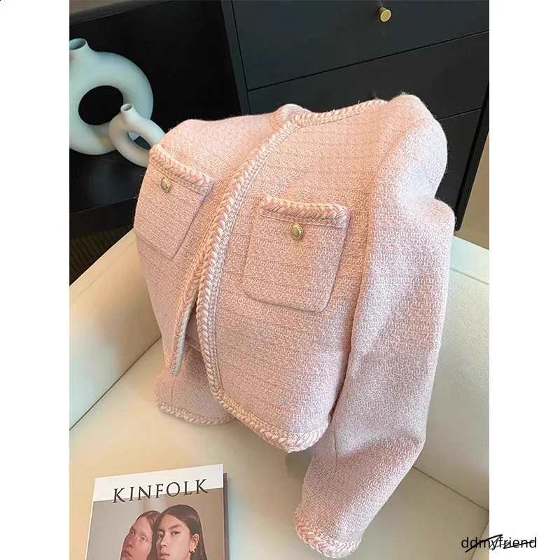 Elegant Tweed Jacket Women Sweet Cropped Pink Coat Winter Korean Single Breasted Blazer Ladies Vintage Short Outerwear 240821 ddmyfriend