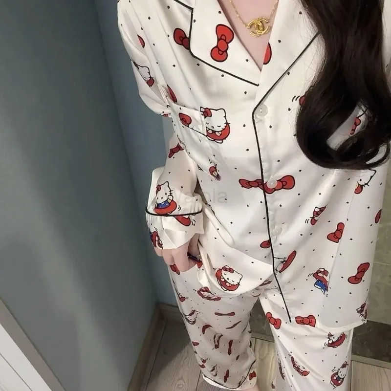 Sanrio Hello Kitty 2025 New Pajamas Womens Spring and Autumn Summer Longsleeved Ice Silk Cute Cartoon Pink Loose Can Be Worn Outside L250919
