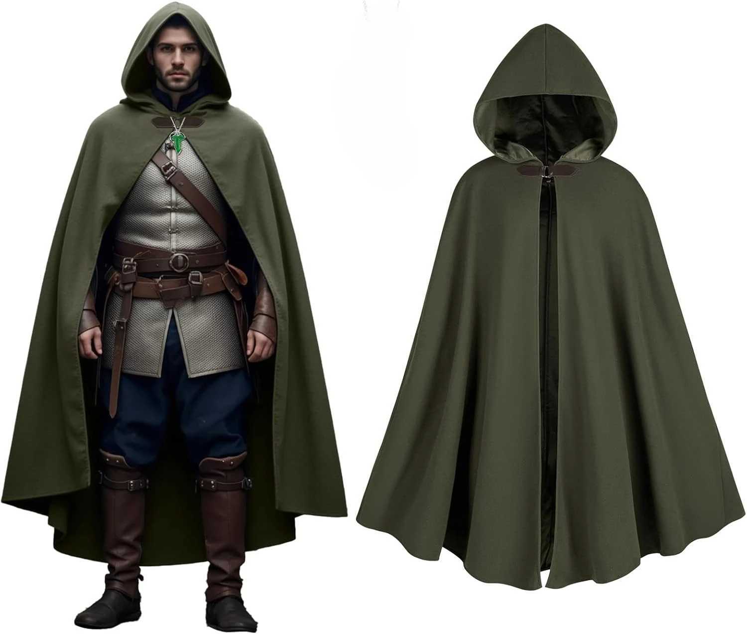 Cloak with Hood MenMedieval Costume Men Round Metal Buckle Cloak with Green Leaf Brooch Necklace for Halloween L250918