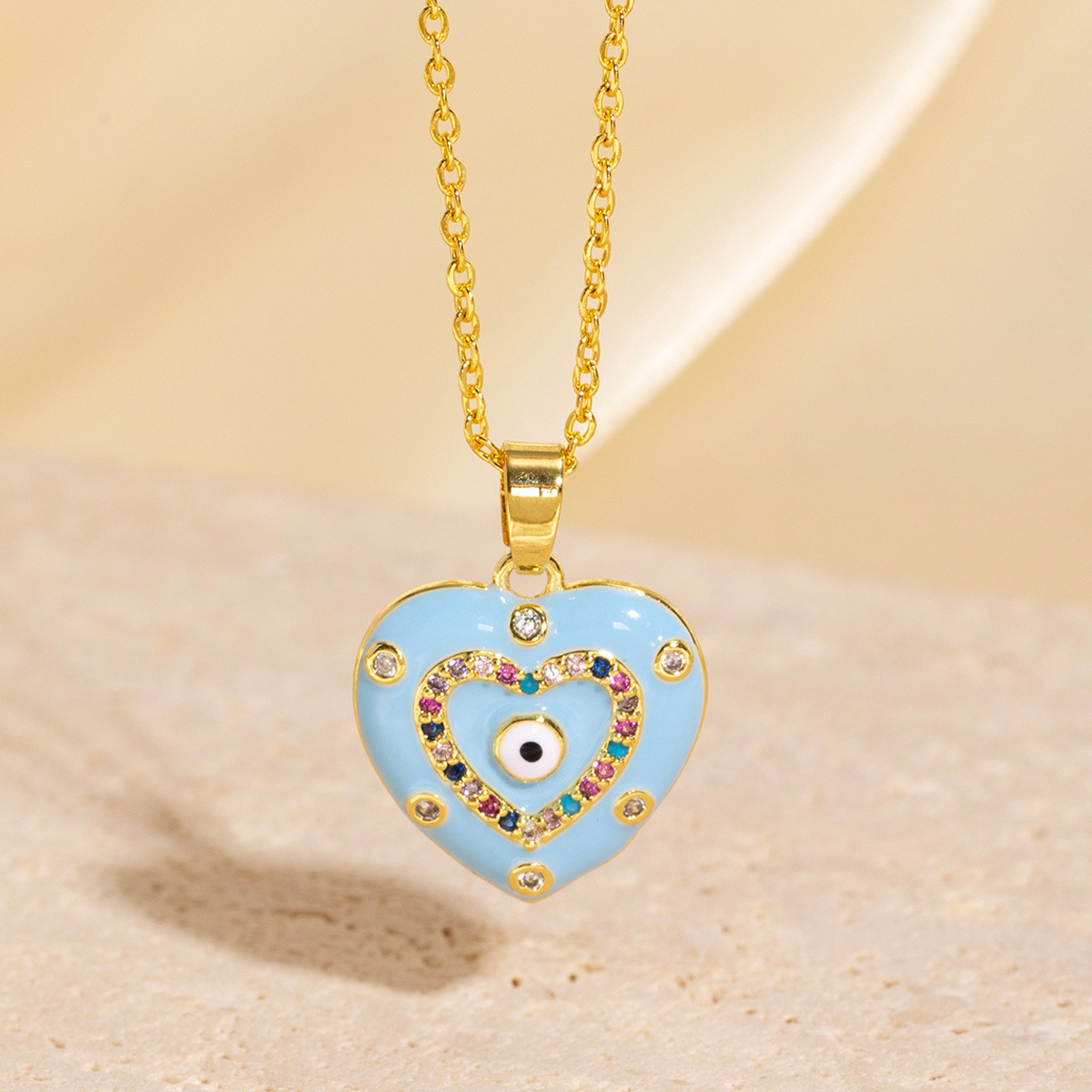 Gold - Toned Heart - Shaped Evil Eye Pendant Necklace With Rhinestone Trim And White Enamel Delicate Daily & Lovely Jewelry Gift For Her Fashionable A