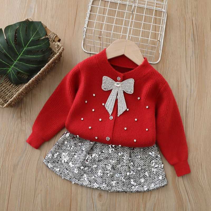 Childrens Sweater Twopiece Set for Girls Knitted Outfit with Skirt Sequin Bow Cardigan Long Sleeve H250919