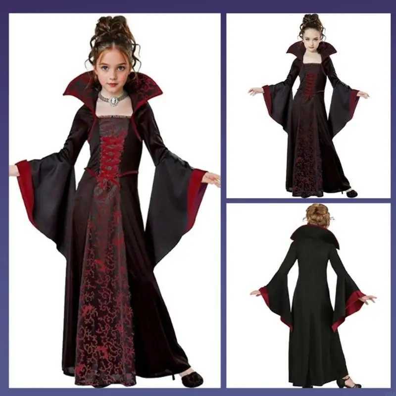 Y3NE Children Halloween Witch Dress Floral Lace Up Witch Dress with Sleeve L250918