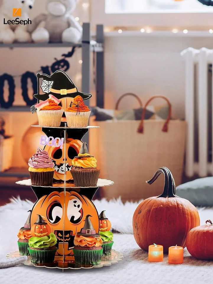 Leeseph Halloween Pumpkin Cardboard Cake Stand Spooky and Fun 3 Tier Cake Holder Easy Assembly Perfect for Showcasing Dessert C250919