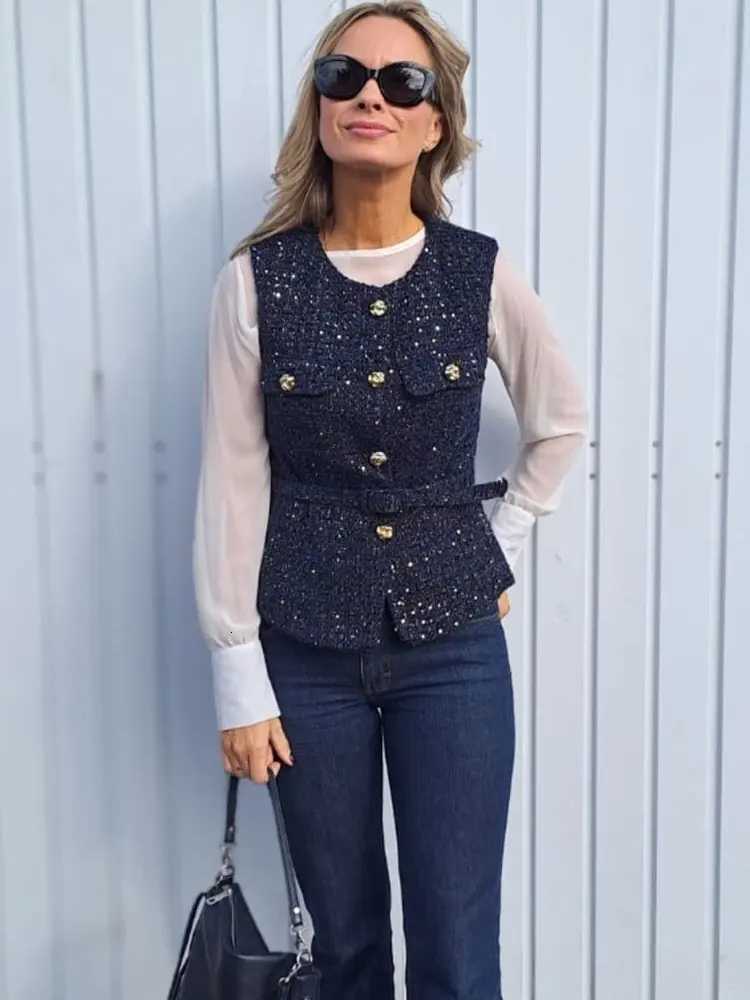 TRAFZA Women Fashion Tweed Belt Waistcoat O Neck Single Breasted Sleeveless Vests Spring Summer Office Lady Outerwear Chic Tops Z250918