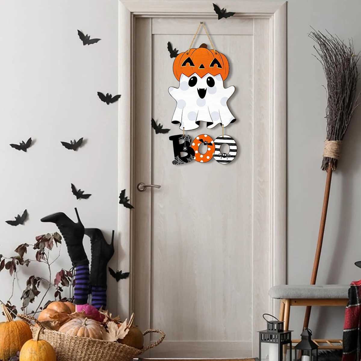 Halloween Decorative Hanging Sign Adorable Ghost with Pumpkin Head and BOO Letters Festive Home Decoration C250919
