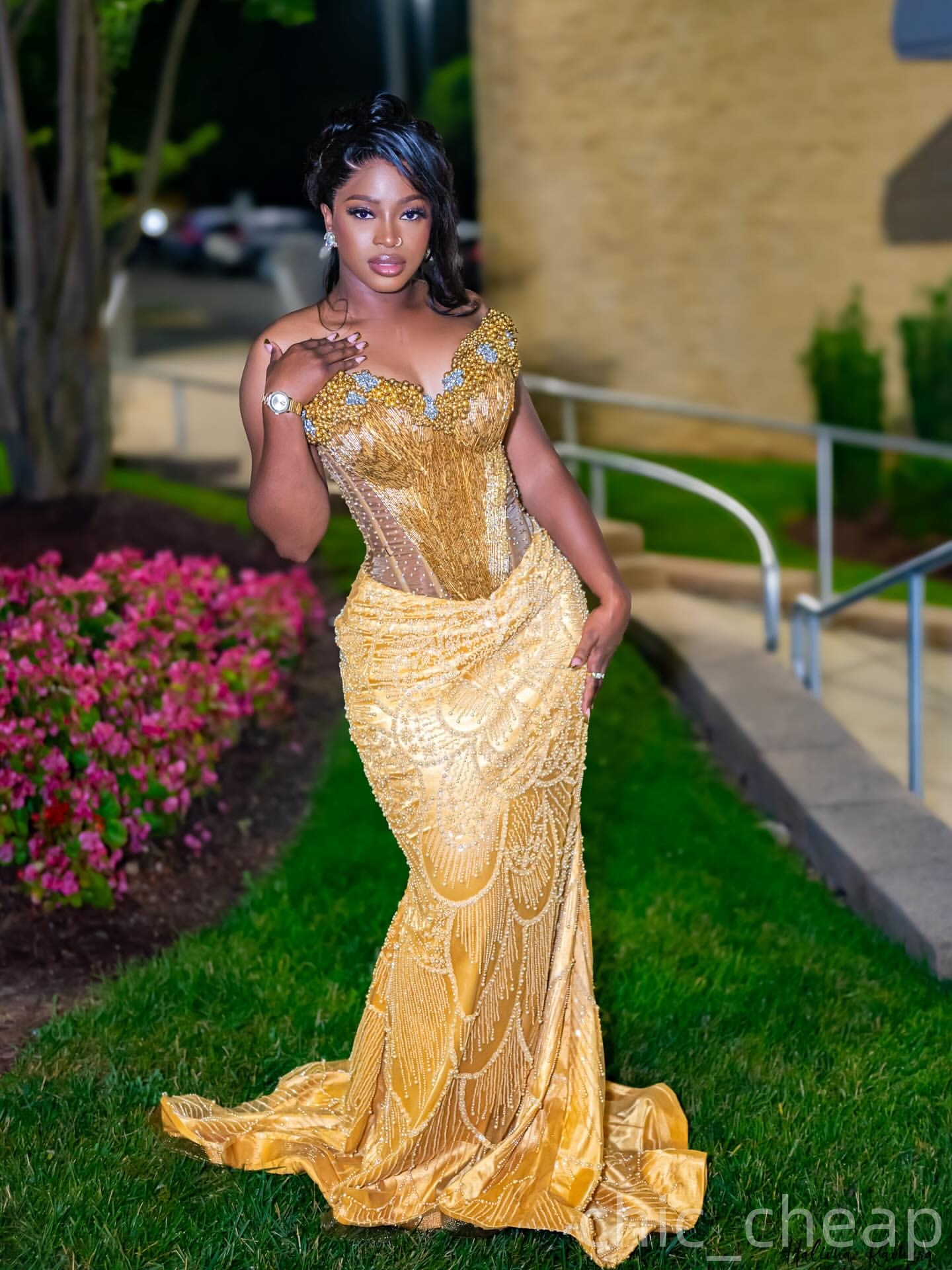 Mermaid Gold Prom Dresses 2025 Pearls Beaded Sequined Detachable Train Evening Formal Party Second Birthday Engagement Gowns Plus Size Dress For Speci