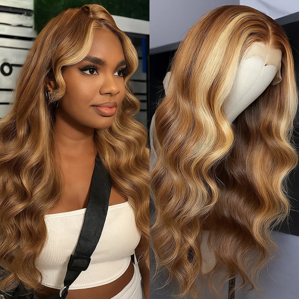 4/27 Balayage Blonde Highlight 13x6 Glueless Wigs Wear And Go Body Wave Human Hair Wig High Density 13x4 HD Mixed Color Lace Frontal Wig