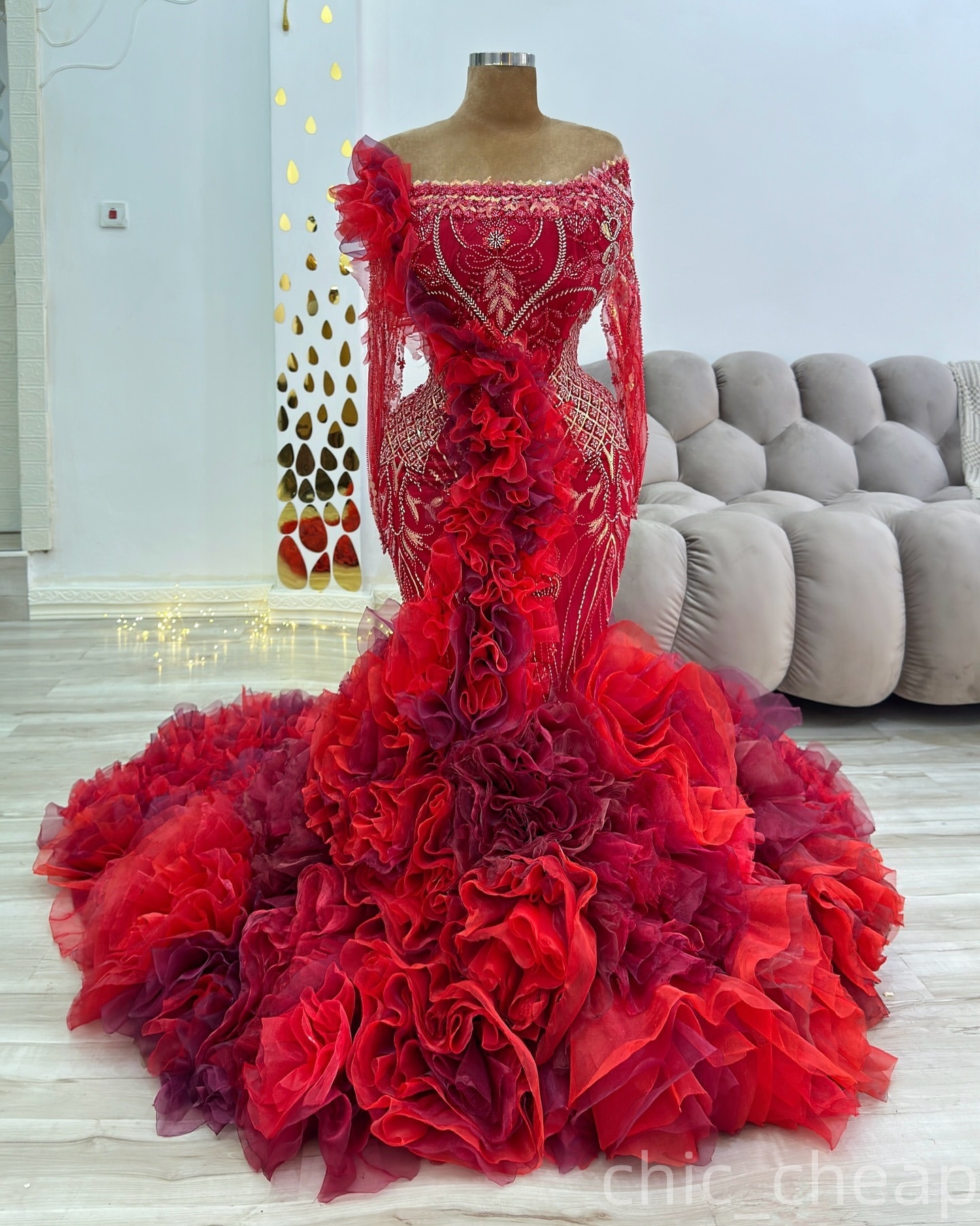 Mermaid Red Prom Dresses 2025 Flowers Beaded Lace Sheer Neck Evening Formal Party Second Birthday Engagement Gowns Plus Size Dress For Special Occasio