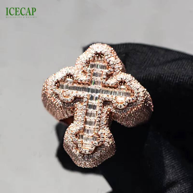 Designer Mens Cross Hand Ring Set Fine Jewelry Rose Gold Plated 925 Sterling Silver Custom VVS Moissanite Diamond Ring