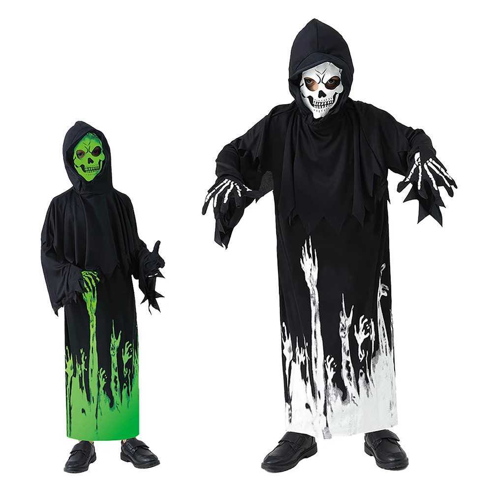 Halloween Grim Reaper Cosplay Costume Bodysuit Kids Ghost Demon Skeleton Spooky GlowInTheDark Hooded Jumpsuit Mask Gloves Set L250918