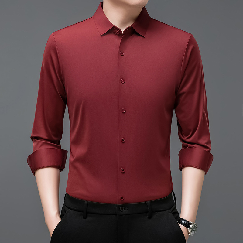 Men's Premium Silk Non-Iron Seamless Thermal Shirt Luxury Solid Color Long-Sleeve Business Shirt for Dads Autumn Dress Shirt