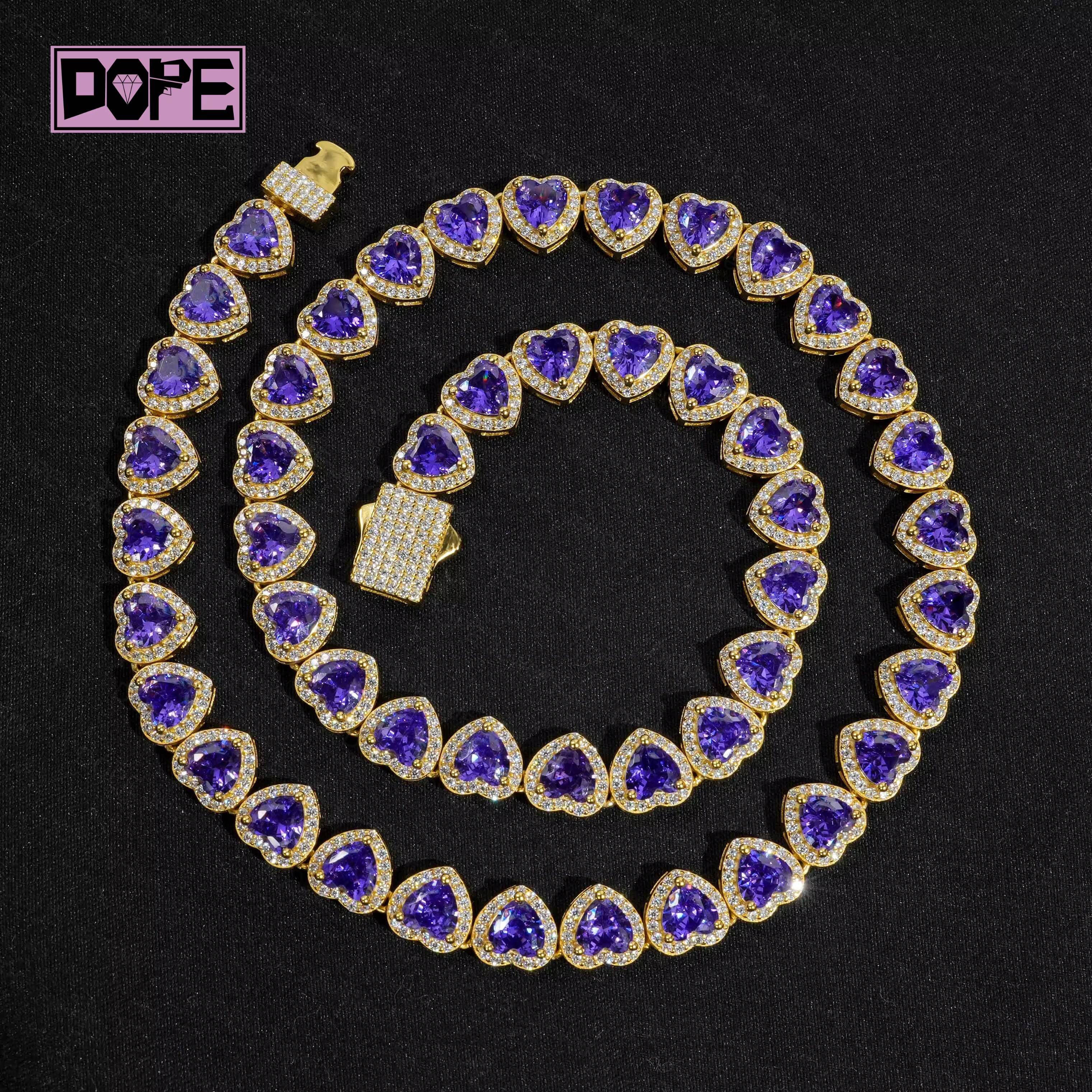 Hip Hop 10mm Moissanite Tennis Chain Cluster Heart Shape Iced Out 925 Sterling Silver Heart Tennis Necklace