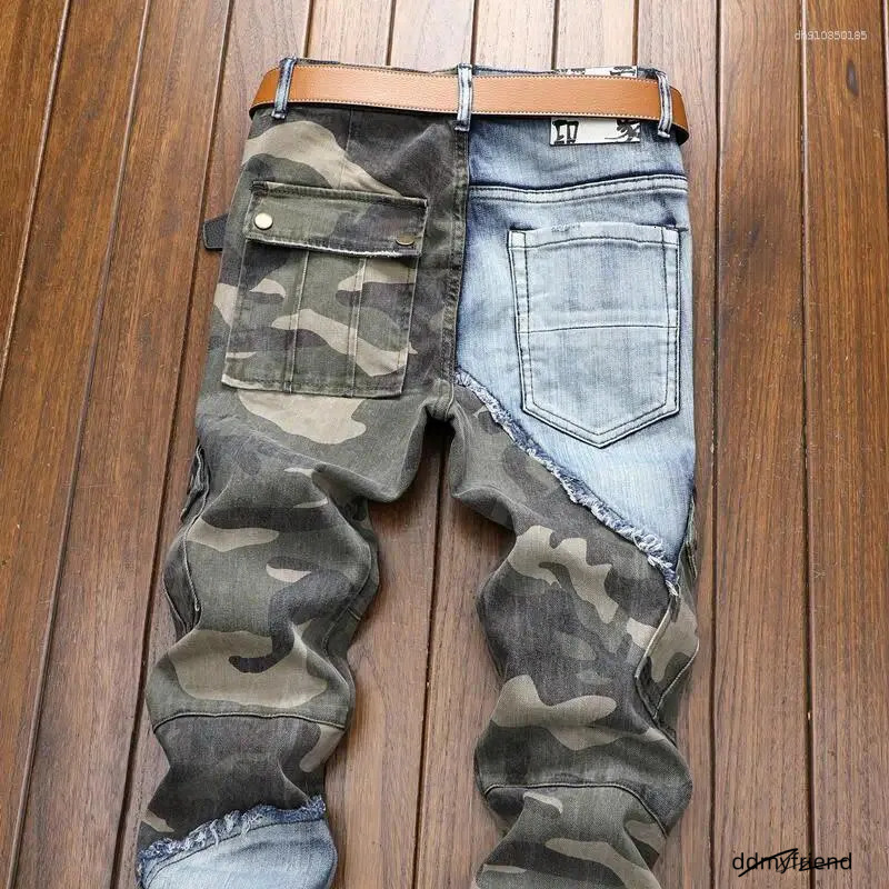 Men's Jeans Patchwork Fashion Retro Slim Fit Elastic Pencil Pants Male Denim Camouflage Cowboy Long Trousers ddmyfriend
