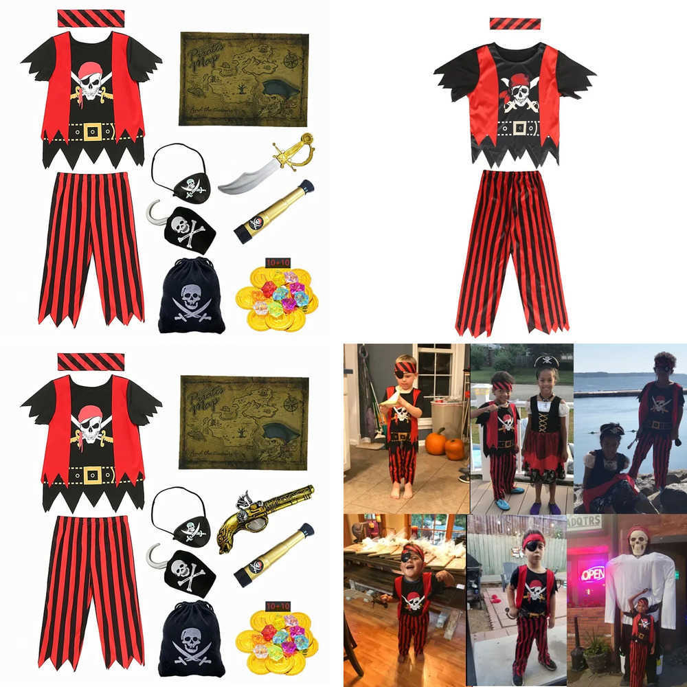 312 Years Old Cute Boy Pirate Costume Printed Striped Pirate Outfit Party Prom Performance with 7PC Toy Gift L250918UA1C