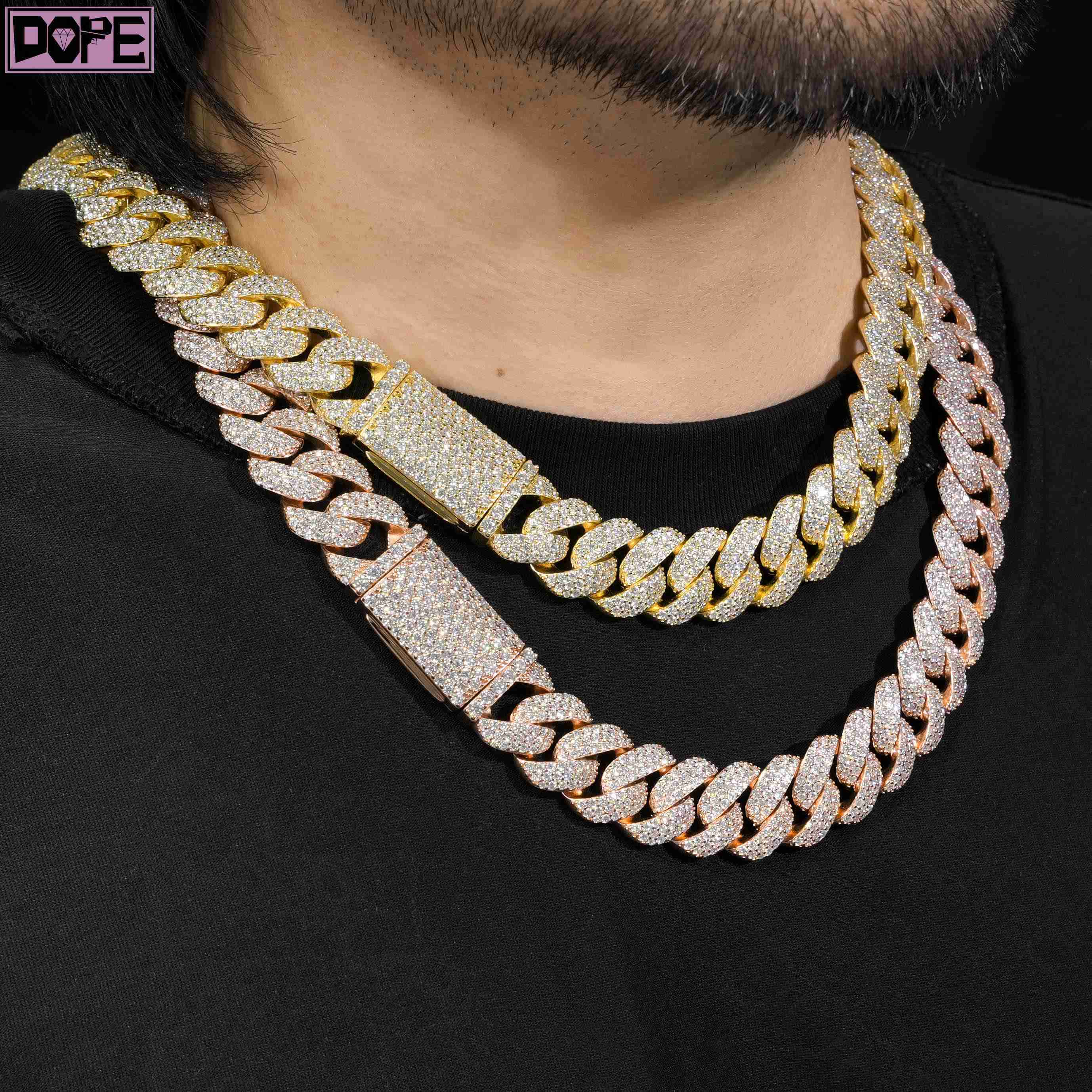 Hip Hop 20mm Cuban Link Chain Iced Out Big Pointer Gold Plating 925 Silver VVS Moissanite Cuban Chain