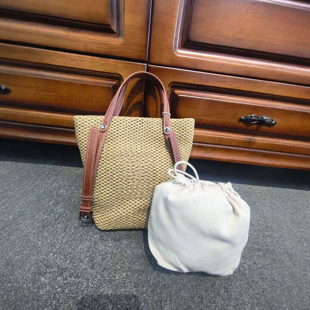 Raffia Straw Bucket Large Capacity Casual Vacation Patchwork Handbag Shoulder Underarm Crossbody Bag B5