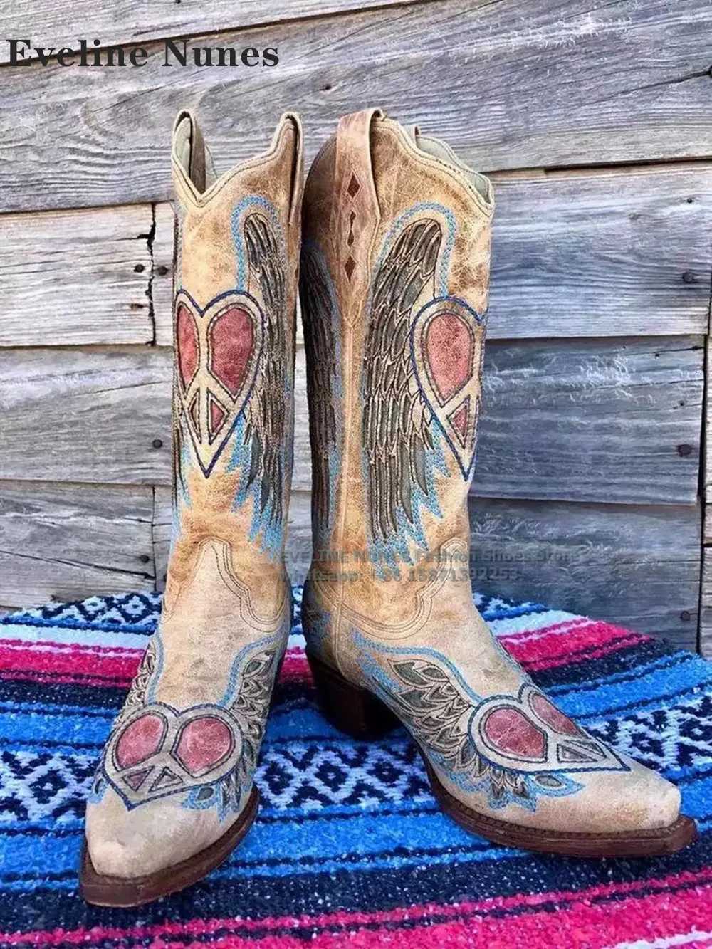 Embroidery Patchwork Retro Western Cowboy Boots Pointed Toe Chunky Heels Mixed Colors Knee High Boots Fashion Casual 2024 Newest W250919