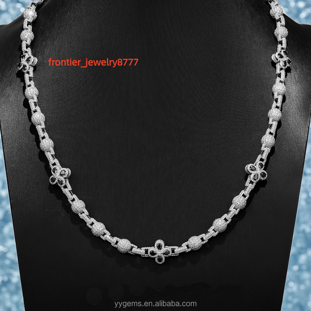 New Arrivals Pass Diamond Test Iced Out Moissanite Black Clover Solid Silver Cuban Link Ball Chains Mens Chain Necklace