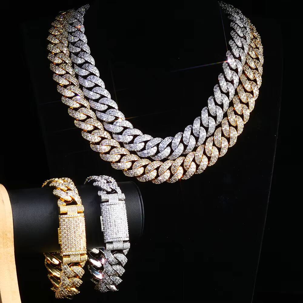 NUOYA Luxury 20mm Cuban Chain Bracelet Silver Plated Iced Out Moissanite Flip Clasp Baguette Cut Diamond Inlay Hip Hop Fine Jewelry