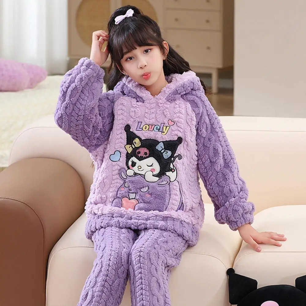 Sanrio 2Pcs Sanrios Cinnamoroll Kuromi Kids Flannel Pajama Kawaii Anime Autumn Winter Girl Boy Fashion Warm Thicken Loungewear Homewear L250919
