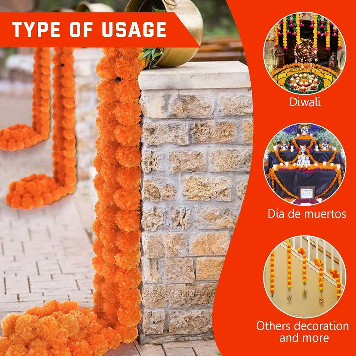 5Pcs Marigold Garland for Decoration15m Artificial Marigold Flowers Diwali Decorations for HomeOrange and Yellow Marigold Hea C250919