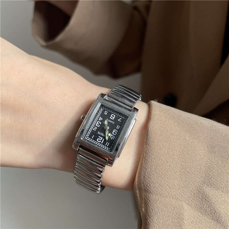 Silver Designer Bracelet for with Elastic Steel Spring Band Luminous Numbers Square Shape Student Metal Chain Watch