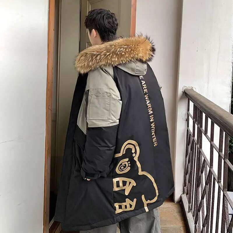 Thickened tide letter-printed combination hat couples in long loose down jacket men and women