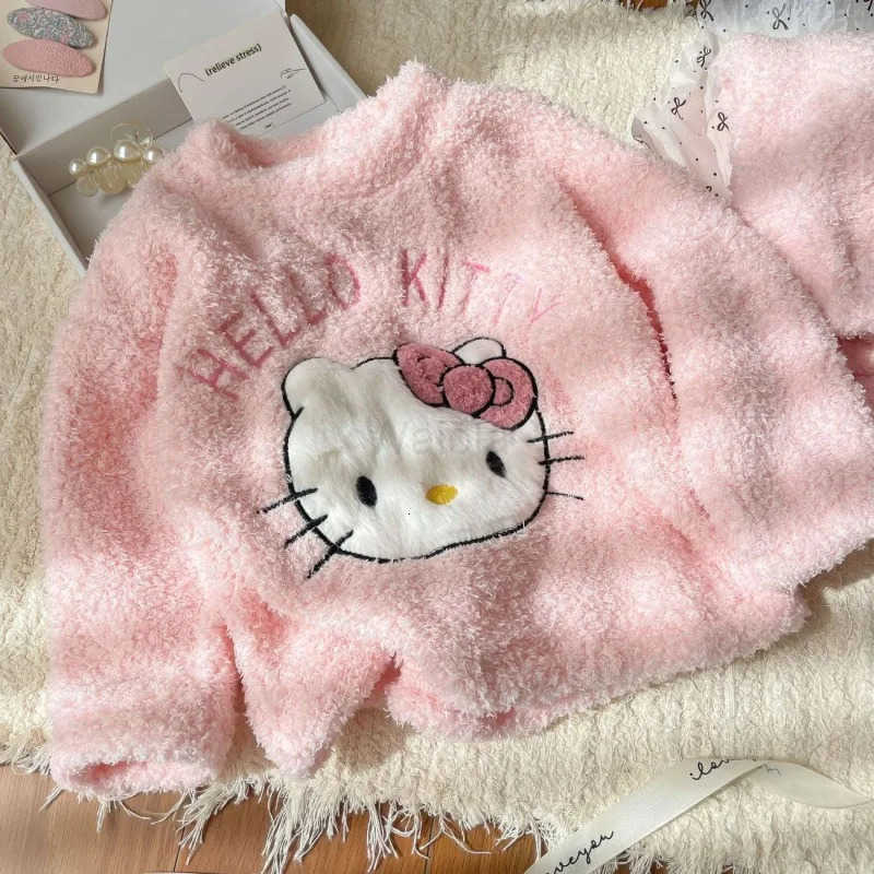 Sanrio Kawaii Hello Kitty Children Cute Fleece Pajamas Student Princess Hoodie Comfortable Warm Pants Christmas Gifts for Girls L250919