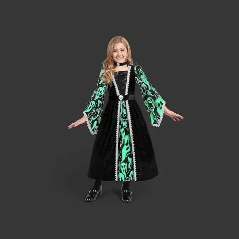 Halloween Witch Kids Cosplay Costume Black Dark Print Luminous Dress Children Girls Dress Up Masquerade Role Play Suit L250918