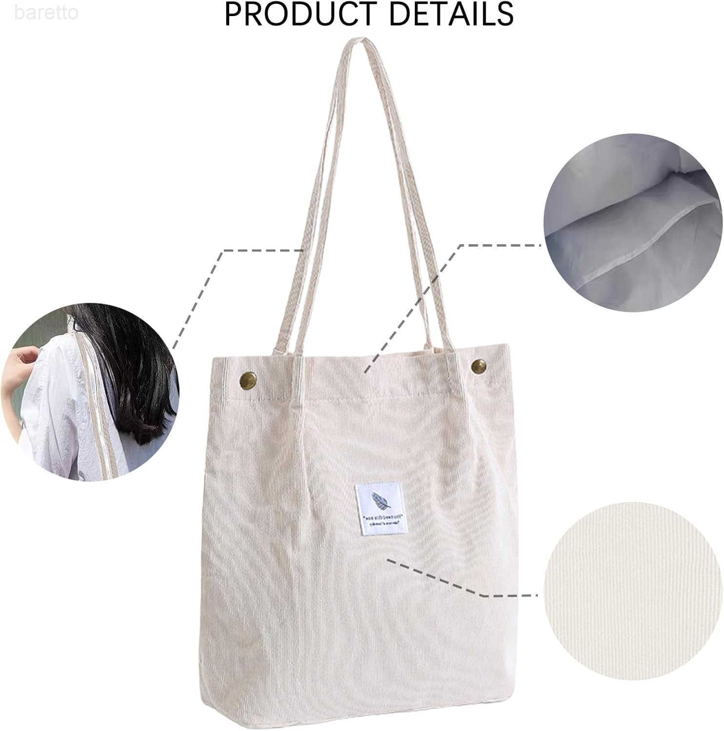 Corduroy Tote Bags for Women Sturdy Shoulder Reusable Grocery Bag with Inner Pockets and Magnetic Button Z2509019