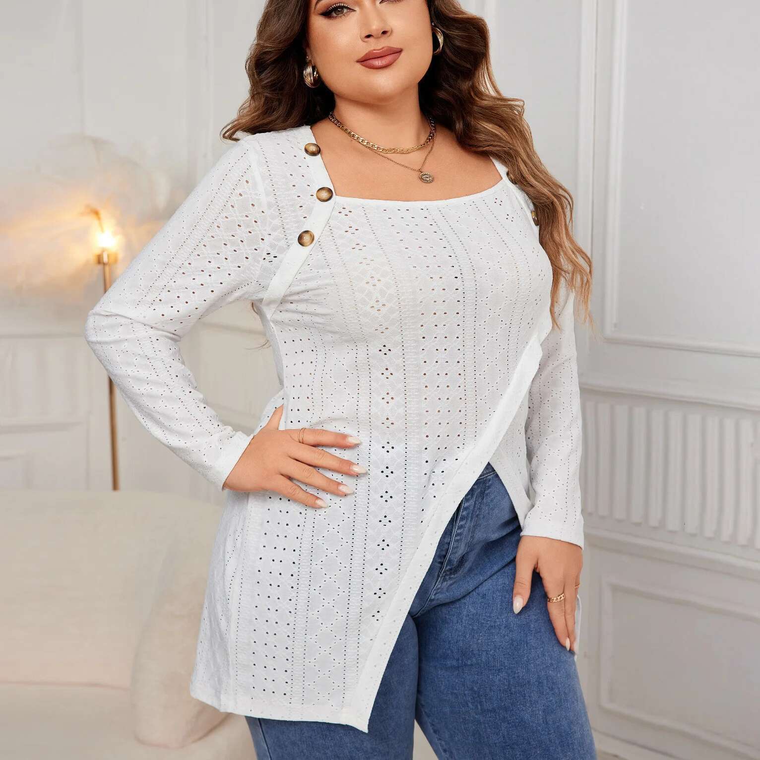 White Long-Sleeve Square-Neck Blouse Lace-Up Asymmetrical Hem Loose Fit Plus Size Shirt