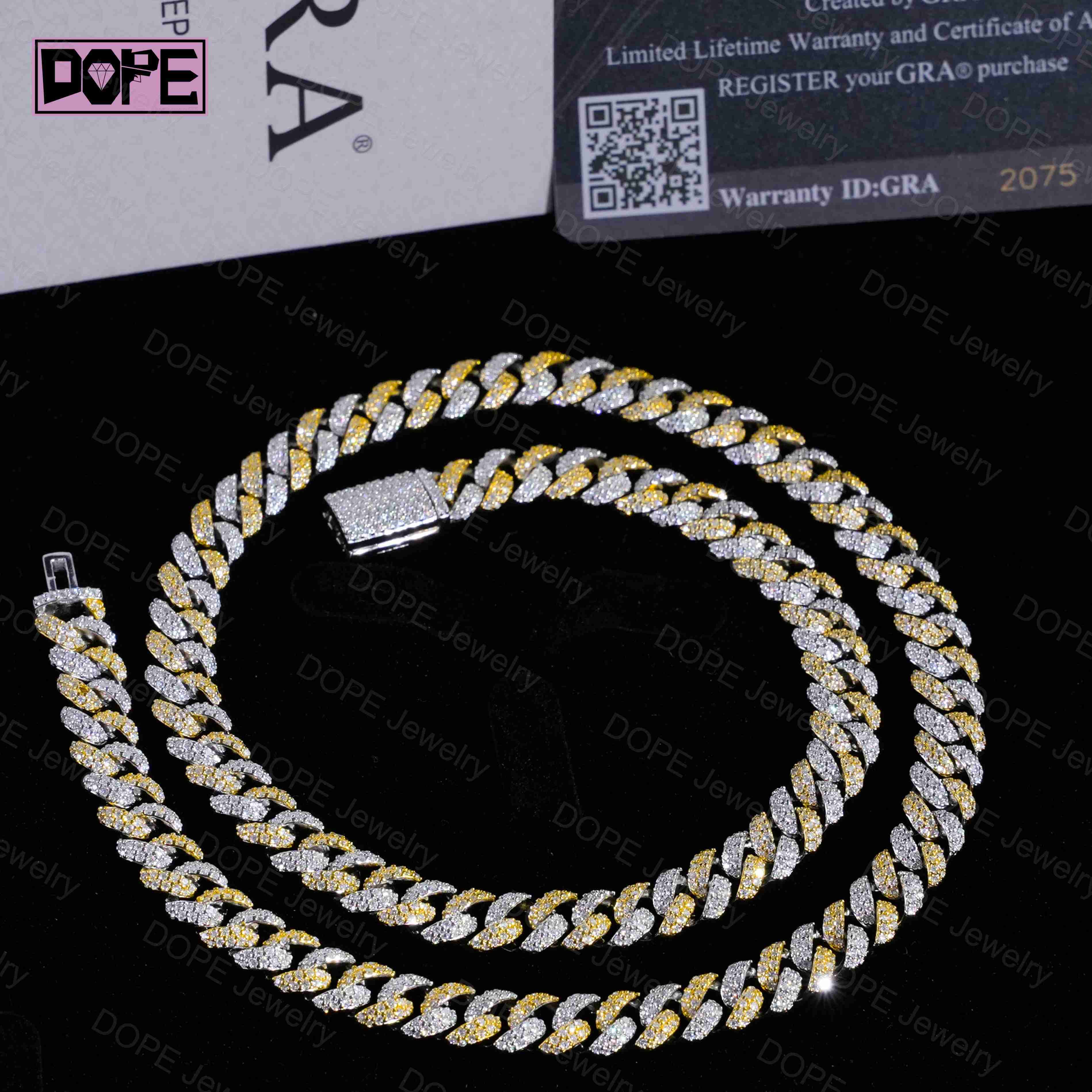 10mm Hip Hop Jewelry Moissanite Cuban Chain Necklace 925 Silver Two Tones Iced Out VVS Miami Cuban Link