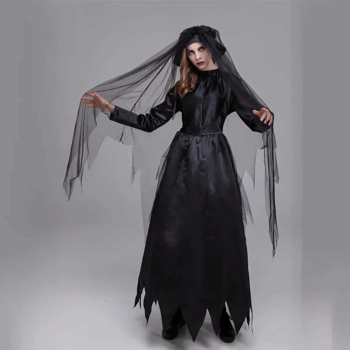 GB10028 Women Halloween Ghost Bride Cosplay Costume Scary Witch Vampire Black Dress L250918