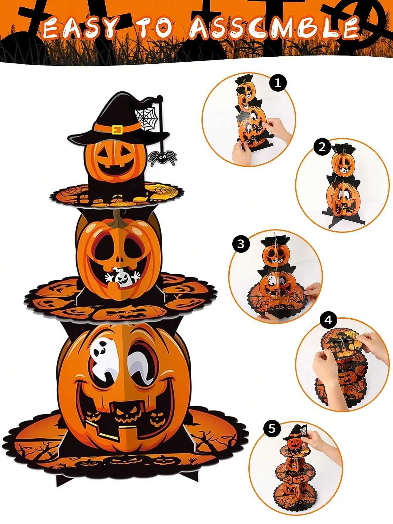 Leeseph Halloween Pumpkin Cardboard Cake Stand Spooky and Fun 3 Tier Cake Holder Easy Assembly Perfect for Showcasing Dessert C250919