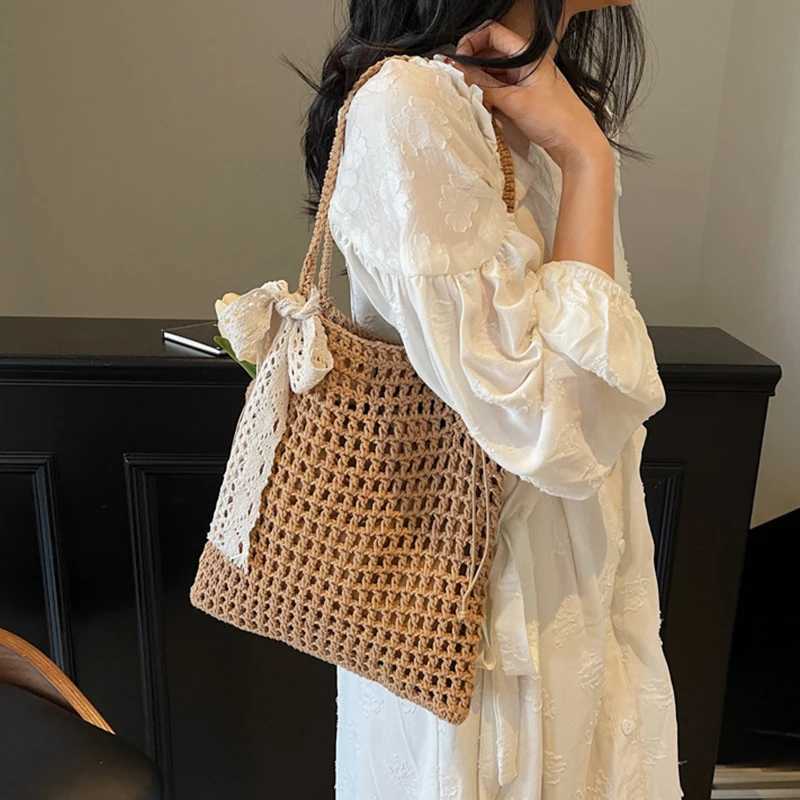 Crochet Lace Bow Tote Bag for Women Summer Beach Handbag Large Capacity Hollow Out Knitted Bags Bohemian Woven Shoulder Bag Z250915