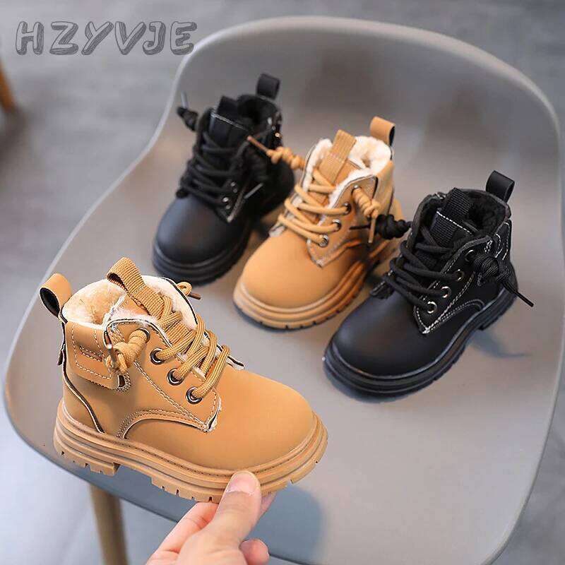 New Children's Fashion Winter Thickened Boys Girls' Anti Slip Warm Leather Boots Side Zipper Solid Color Kids Casual Shoes