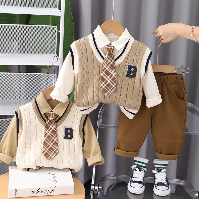 2025 New Autumn Toddler Boys' Preppy Style 3 Piece Set Sweater Vest Tie & Shirt Suitable for Spring & Autumn