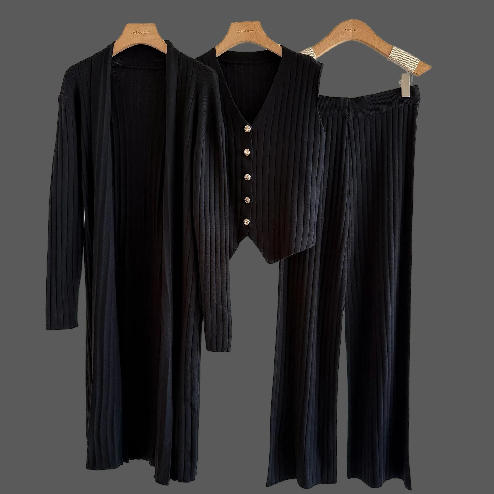 Three Piece Set for Women Autumn Winter Knitted Cardigan Loose Knitted VestLong cardiganWide Leg Pant Soft Tank Top Set 250917