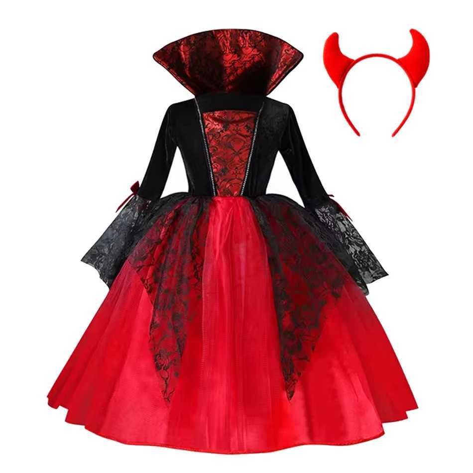2025 Girls Cosplay Vampire Halloween Dress For Kids Ghost Bride Gothic Costume Count Vampiran Carnival Outfit Black Red Clothes L250918YTVZ