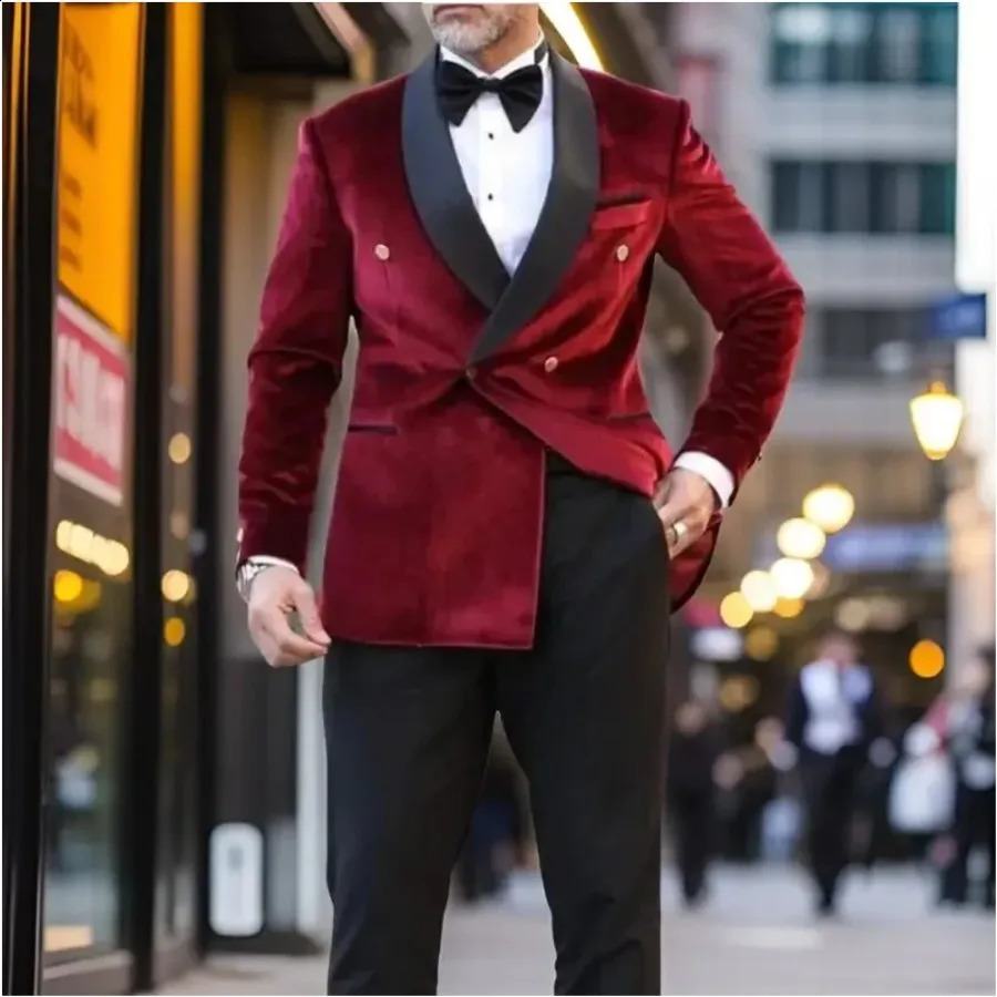 Smoking Mens Suits Burgundy Velvet Jacket Black Pants Double Breasted Shawl Lapel Groom Tuxedo Casual Full Set 2 Pieces Blazer 250916