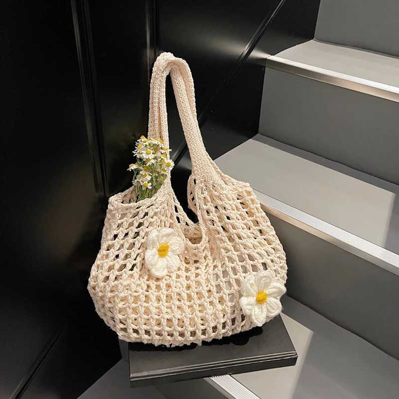 Womens Large Capacity Solid Color Crochet Tote Bag Knitted Hollow Design Fashionable Beach Shopping Bag for Travel And Vacation Z250915