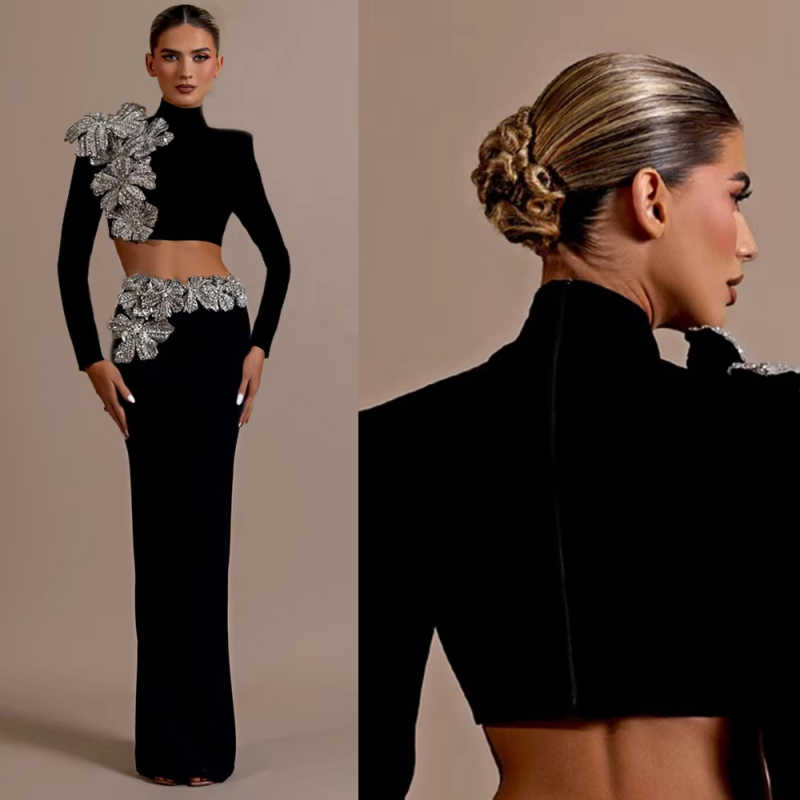 Gorgeous Black Evening Dresses 2 Pieces High Neck Long Sleeve Crystal Party Gowns Plus Size Customized Special Occasion Dresses