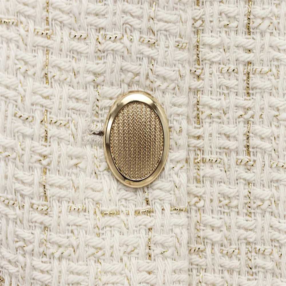PBZA 2025 Women Beige Tweed Jacket with Gold Buttons and Belt Long Sleeves and Front Pockets for Sale on Z250918